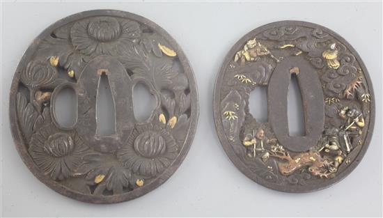 PLEASE NOTE THE TSUBA ARE IRON NOT BRONZE - Two Japanese gold inlaid bronze tsuba, 19th century, 7.2cm and 8cm